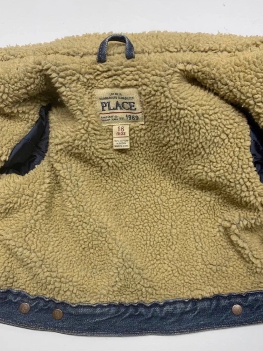 The Children's Place Dark Blue Denim Jacket with Cream Sherpa Collar